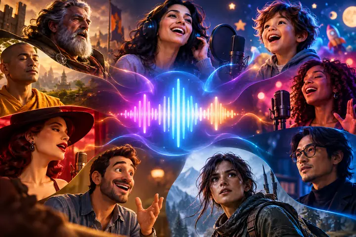 A colorful collection of expressive voice characters arranged around a glowing audio mark