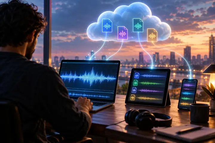 Voice project files synchronized across a cloud storage interface