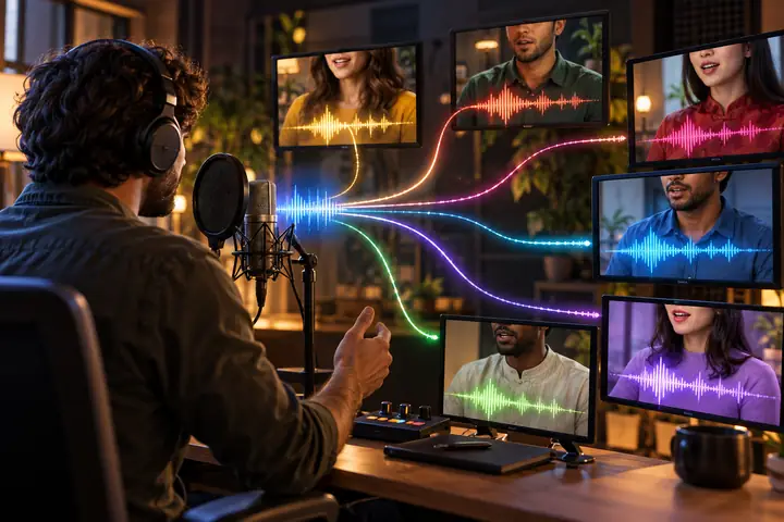 Multilingual dubbing workspace connecting one voice to several language tracks