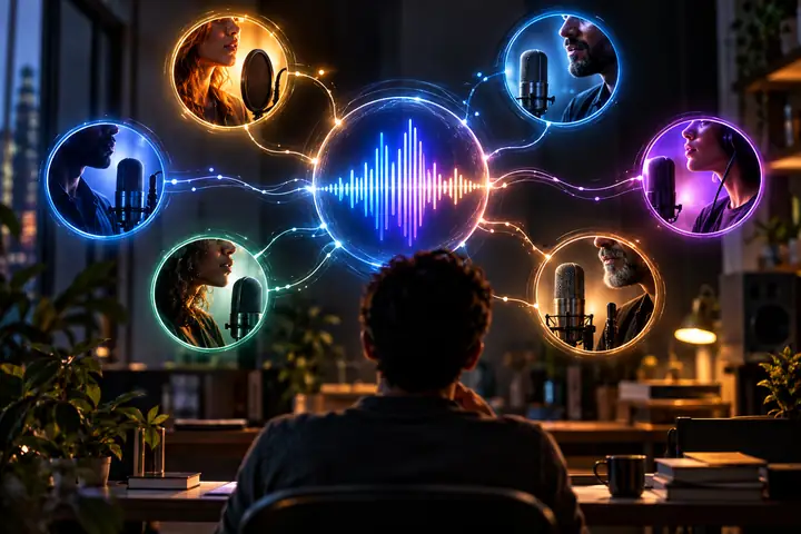 Several connected AI voice model nodes surrounding a central audio waveform