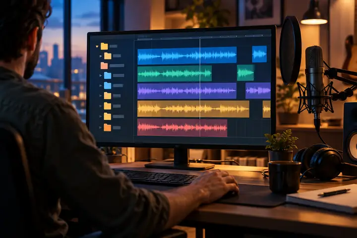 Layered project folders and audio tracks arranged in a clean workspace