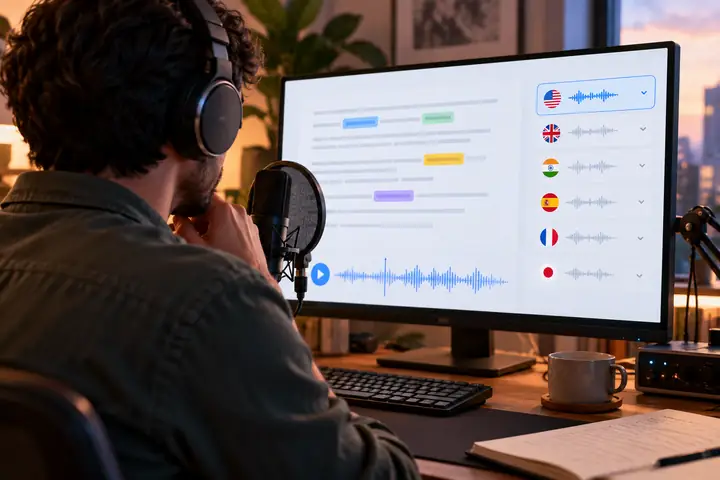 Pronunciation editing interface with highlighted words and language controls