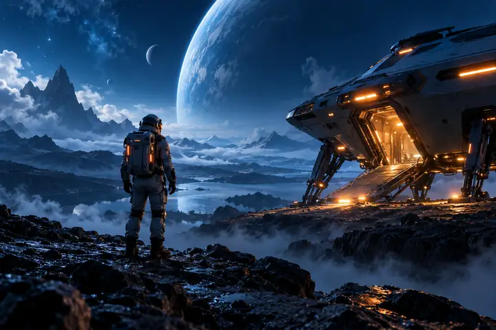 Lone astronaut beside a glowing spacecraft in a deep blue atmospheric landscape