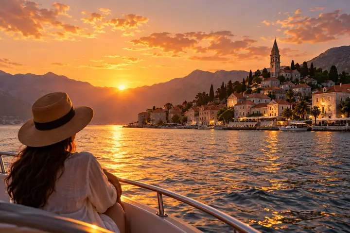 Cinematic sunrise over a quiet coastal town viewed from the water