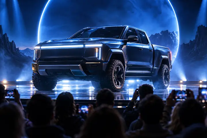 Futuristic electric pickup truck under dramatic blue launch lighting