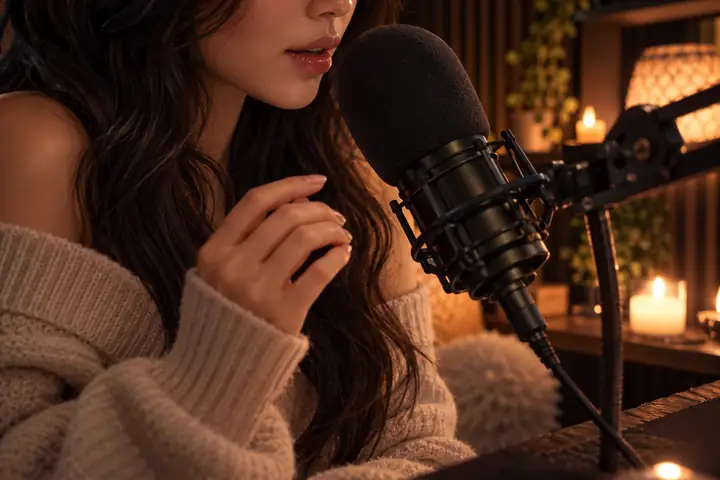 Intimate ASMR performer speaking softly in a dim cozy recording booth