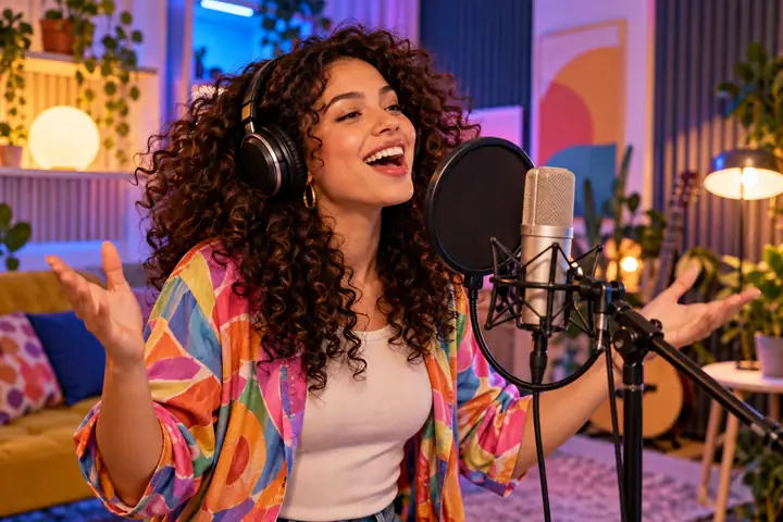 Joyful curly-haired performer in a colorful playful studio