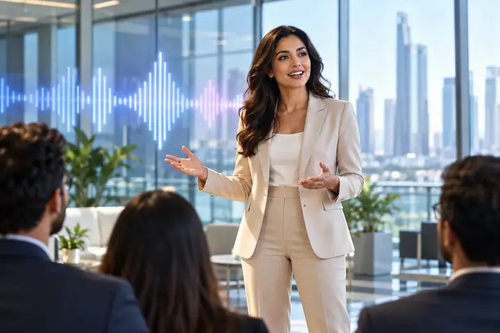 Confident business presenter in a modern glass office