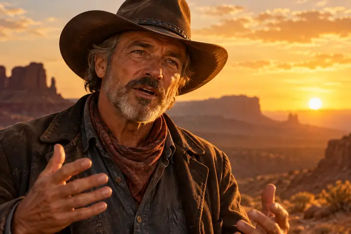 Weathered cowboy speaking in warm golden desert light