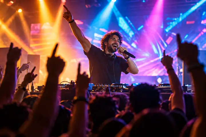Energetic DJ speaking to a crowd beneath colorful stage lights
