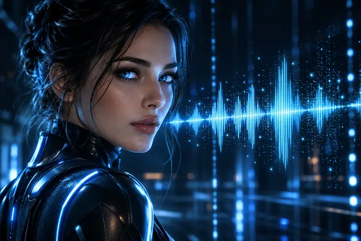 Futuristic woman with luminous blue eyes in a dark digital environment