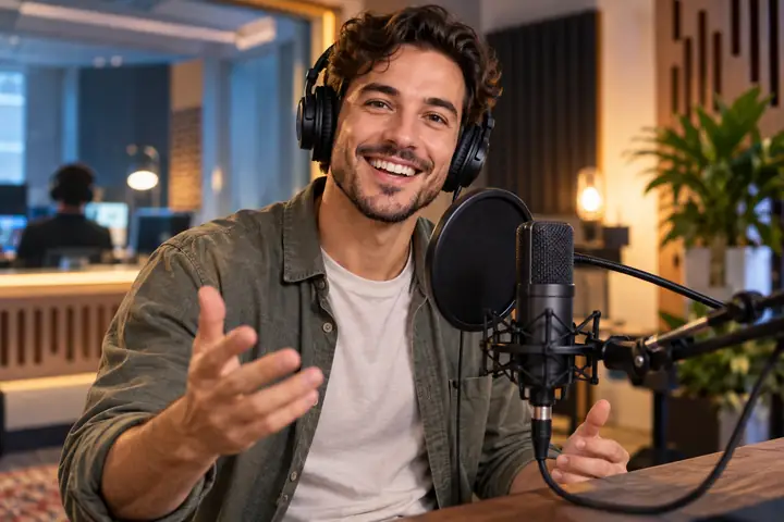 Smiling male narrator in a bright recording studio