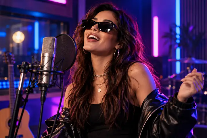 Stylish pop performer wearing sunglasses in a neon-lit studio