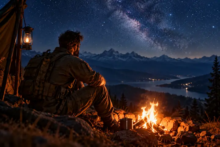 Rugged soldier beside a campfire beneath a star-filled night sky