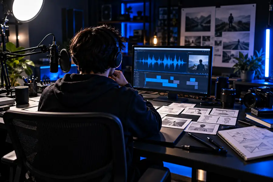 Unedited narration concept beside a video planning workspace